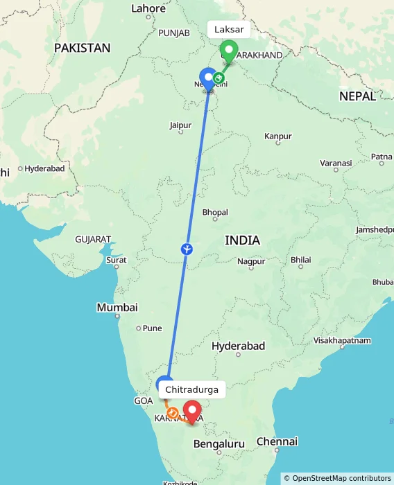 Route map showing distance and travel time from Laksar, India to Chitradurga, India