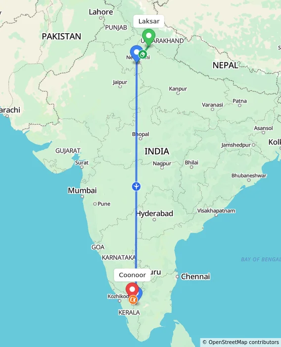 Route map showing distance and travel time from Laksar, India to Coonoor, India