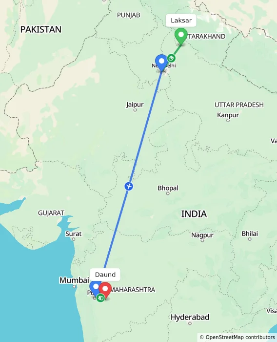 Route map showing distance and travel time from Laksar, India to Daund, India