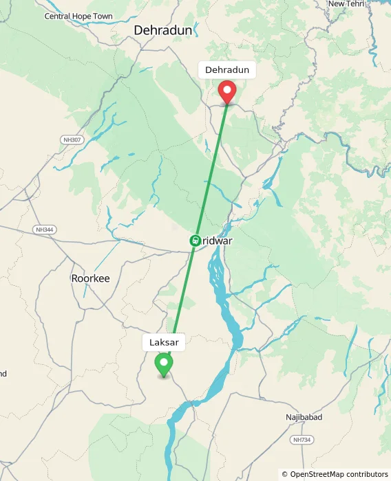 Route map showing distance and travel time from Laksar, India to Dehradun, India