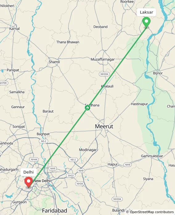 Route map showing distance and travel time from Laksar, India to Delhi, India