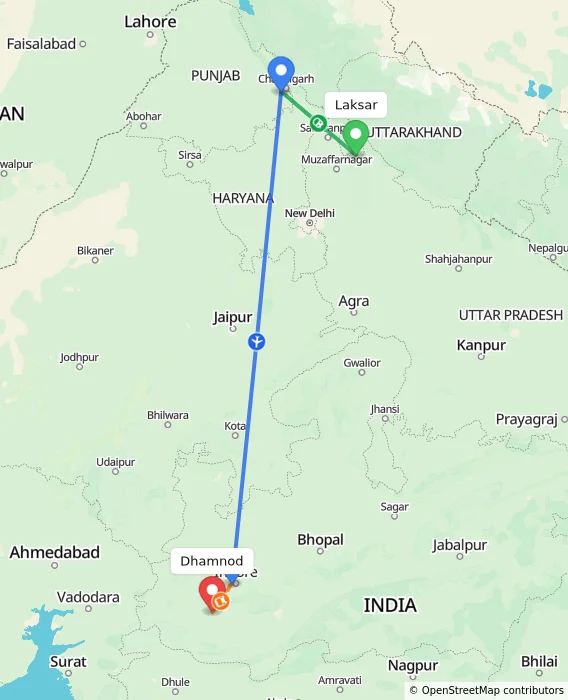 Route map showing distance and travel time from Laksar, India to Dhamnod, India
