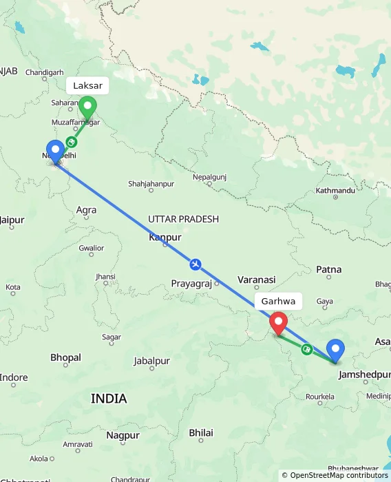 Route map showing distance and travel time from Laksar, India to Garhwa, India