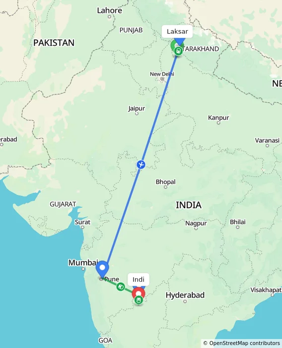 Route map showing distance and travel time from Laksar, India to Indi, India