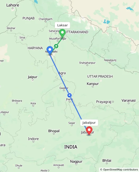 Route map showing distance and travel time from Laksar, India to Jabalpur, India