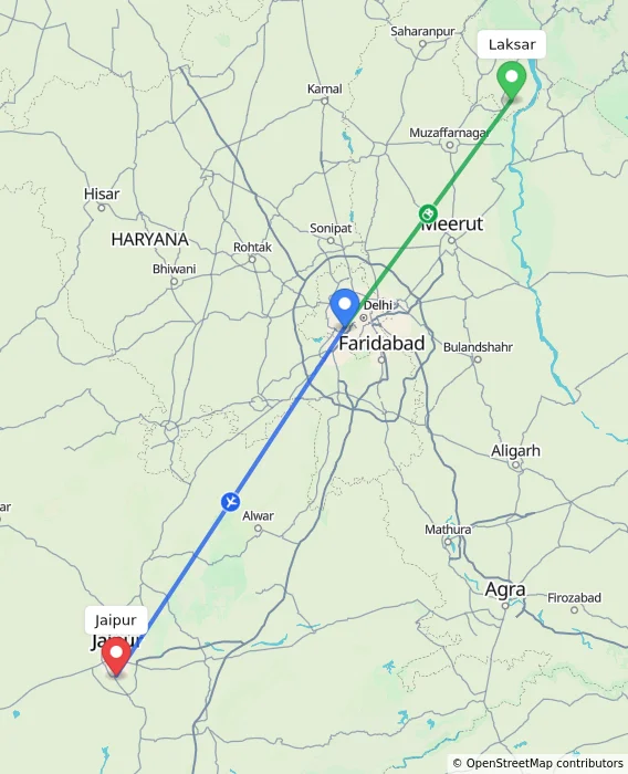 Route map showing distance and travel time from Laksar, India to Jaipur, India