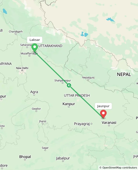Route map showing distance and travel time from Laksar, India to Jaunpur, India