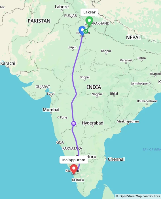 Route map showing distance and travel time from Laksar, India to Malappuram, India