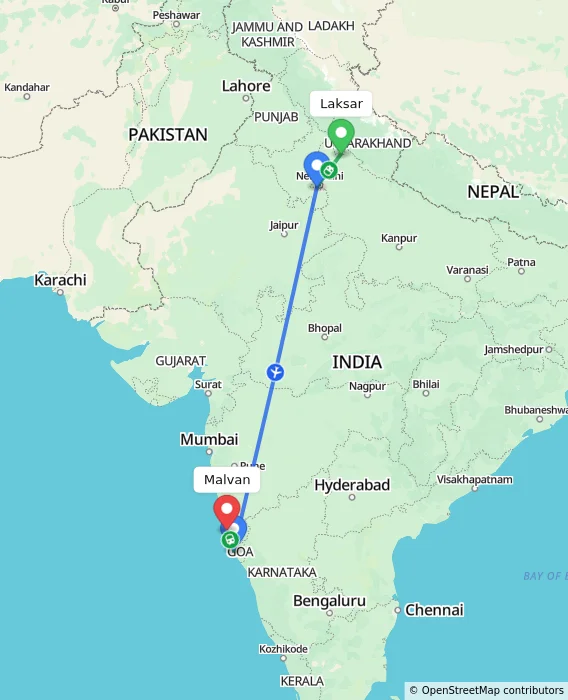 Route map showing distance and travel time from Laksar, India to Malvan, India