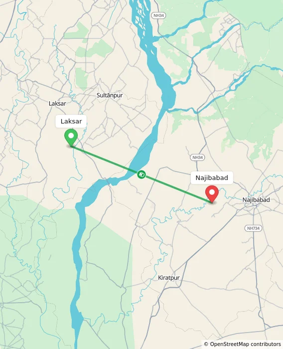 Route map showing distance and travel time from Laksar, India to Najibabad, India