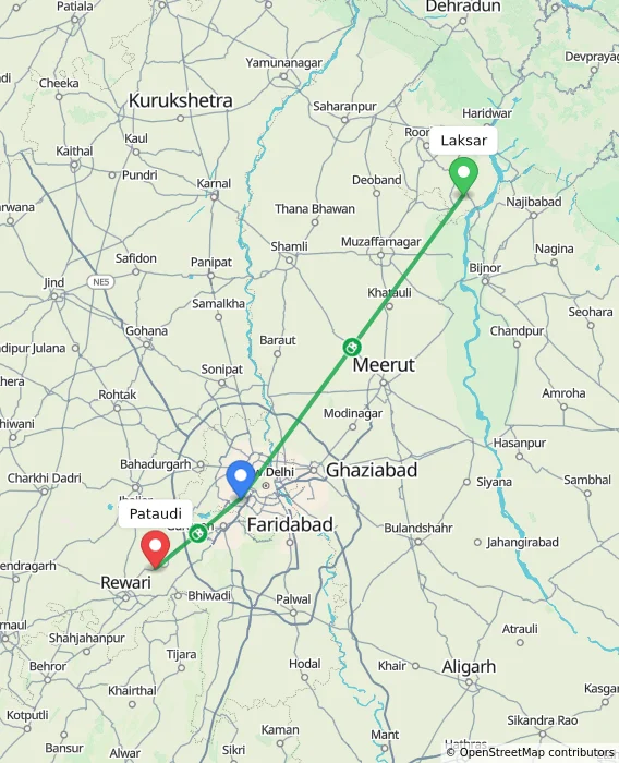 Route map showing distance and travel time from Laksar, India to Pataudi, India