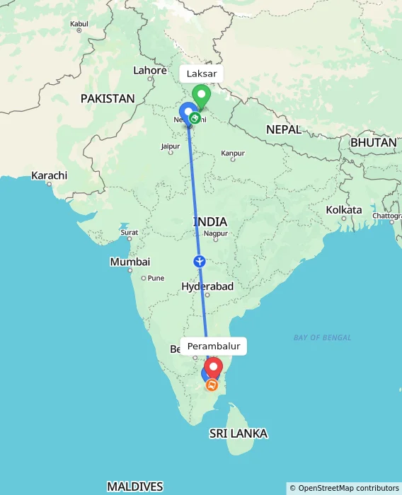 Route map showing distance and travel time from Laksar, India to Perambalur, India