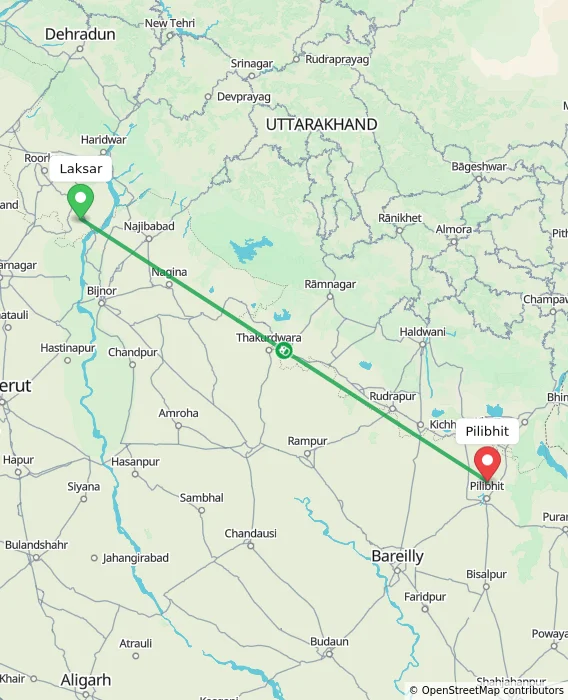 Route map showing distance and travel time from Laksar, India to Pilibhit, India