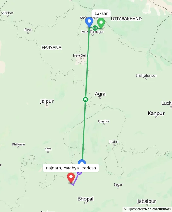Route map showing distance and travel time from Laksar, India to Rajgarh, Madhya Pradesh, India