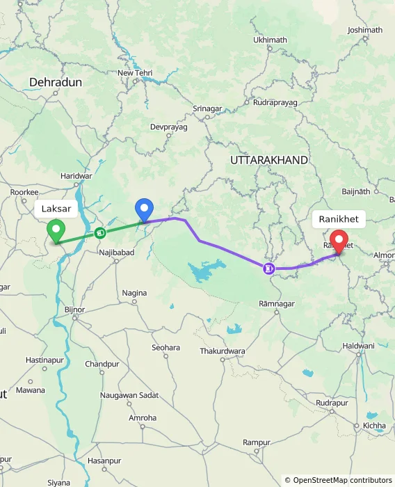 Route map showing distance and travel time from Laksar, India to Ranikhet, India