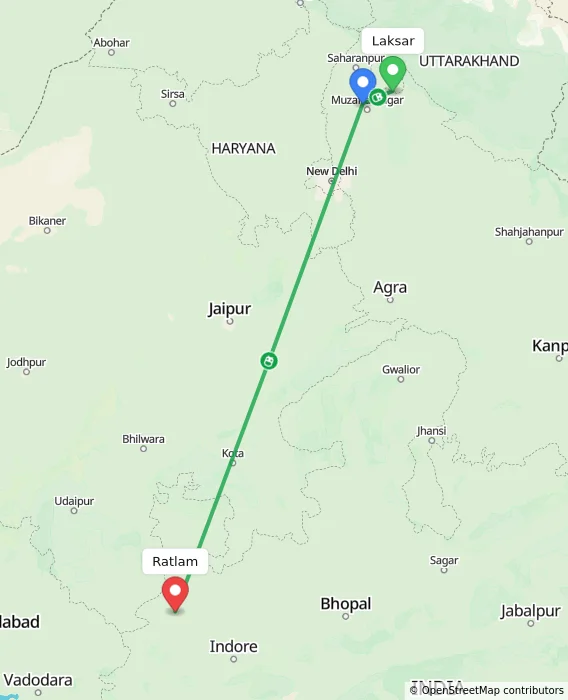 Route map showing distance and travel time from Laksar, India to Ratlam, India