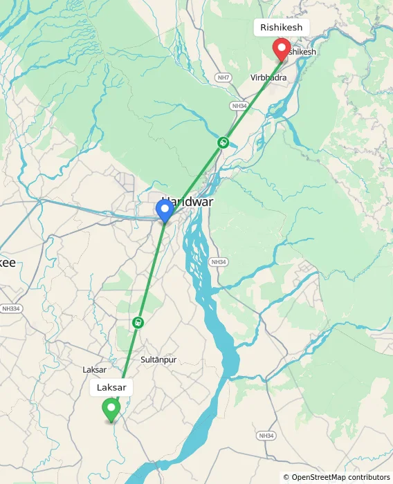 Route map showing distance and travel time from Laksar, India to Rishikesh, India