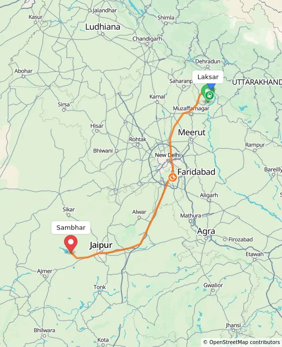 Route map showing distance and travel time from Laksar, India to Sambhar, India
