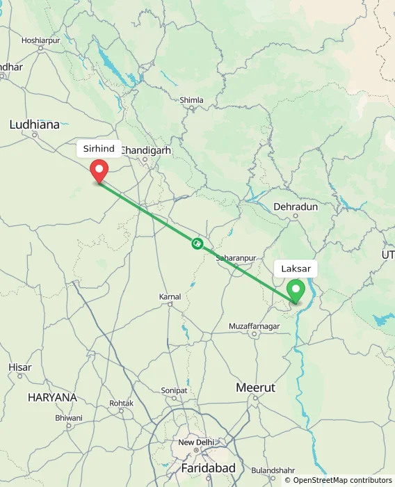 Route map showing distance and travel time from Laksar, India to Sirhind, India