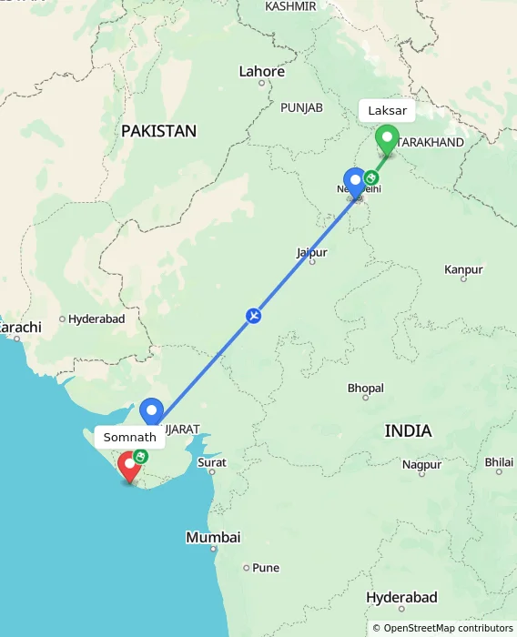 Route map showing distance and travel time from Laksar, India to Somnath, India