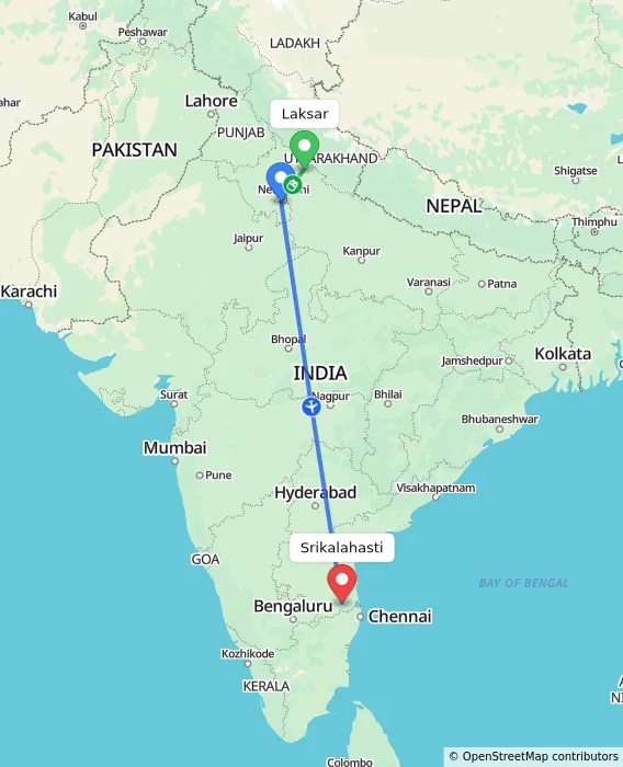Route map showing distance and travel time from Laksar, India to Srikalahasti, India