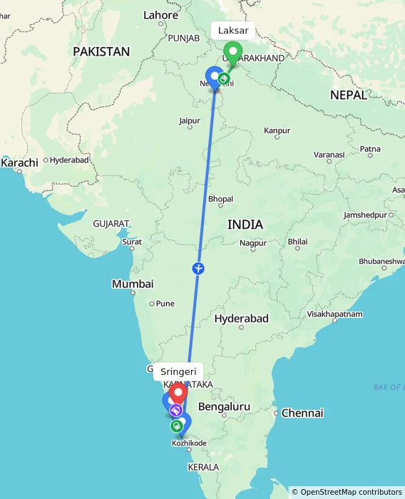 Route map showing distance and travel time from Laksar, India to Sringeri, India