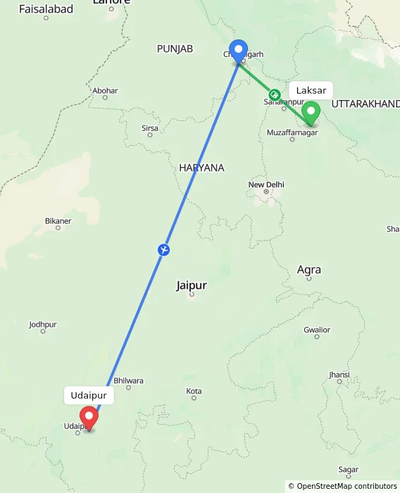 Route map showing distance and travel time from Laksar, India to Udaipur, India