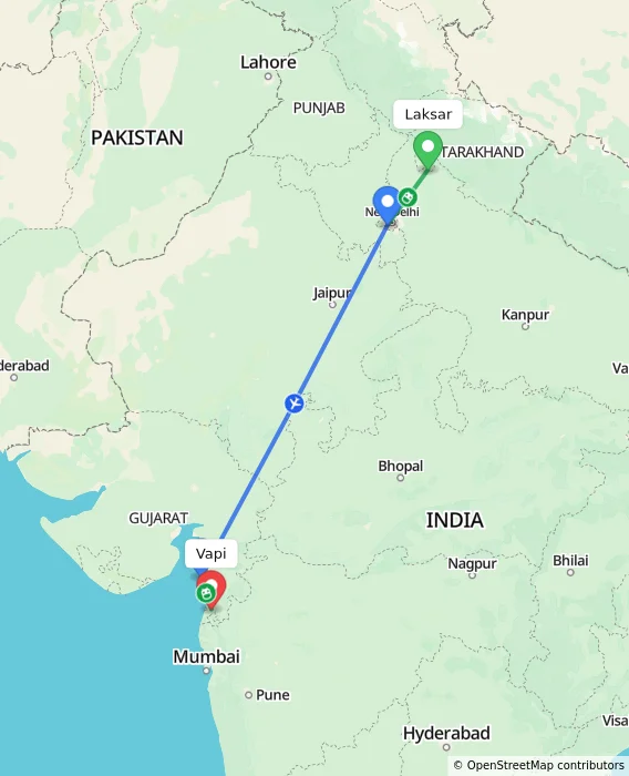 Route map showing distance and travel time from Laksar, India to Vapi, India