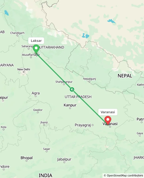 Route map showing distance and travel time from Laksar, India to Varanasi, India