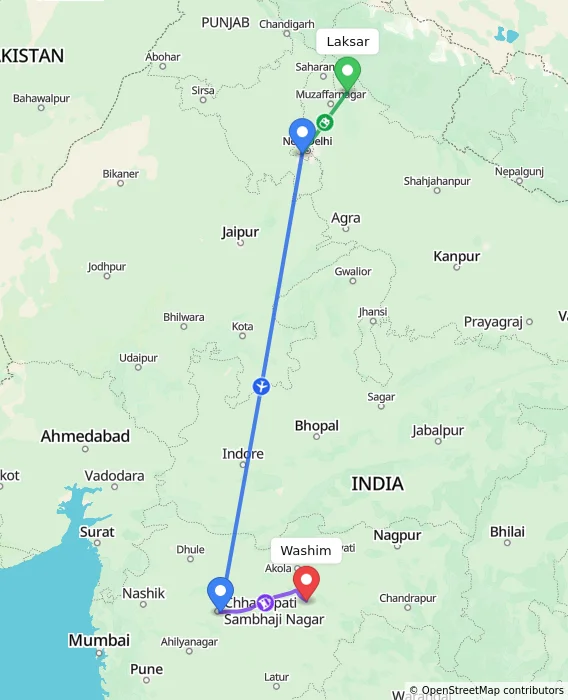 Route map showing distance and travel time from Laksar, India to Washim, India