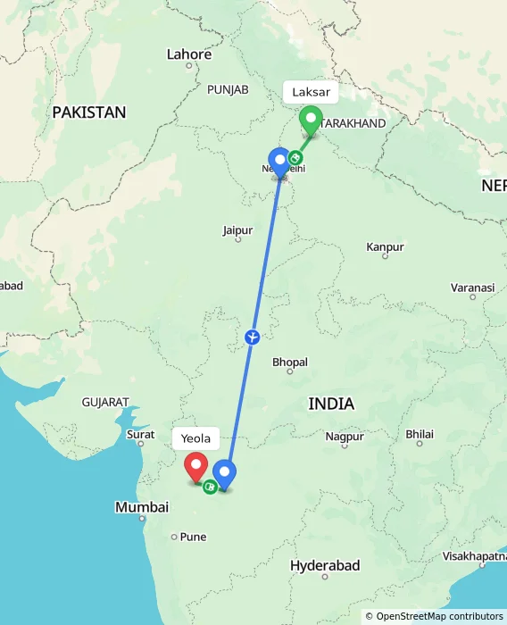 Route map showing distance and travel time from Laksar, India to Yeola, India