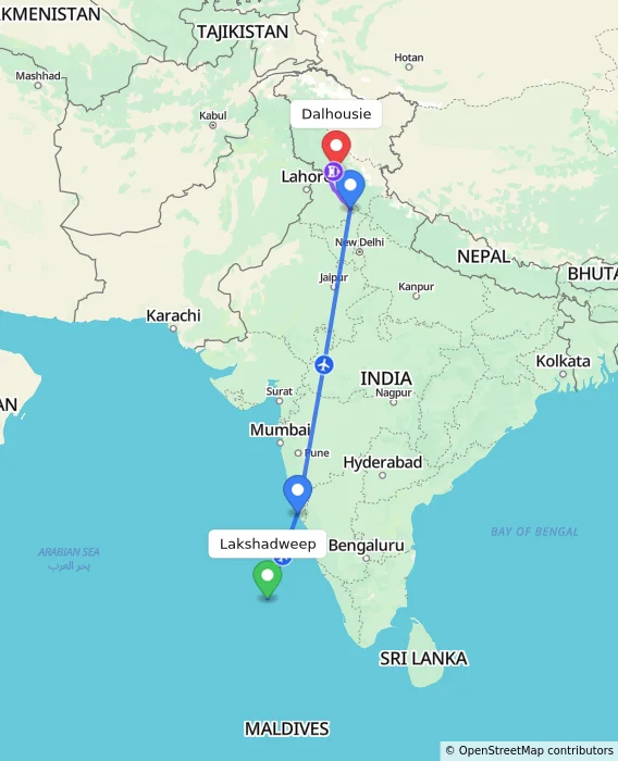 Route map showing distance and travel time from Lakshadweep, India to Dalhousie, India