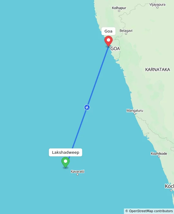 Route map showing distance and travel time from Lakshadweep, India to Goa, India