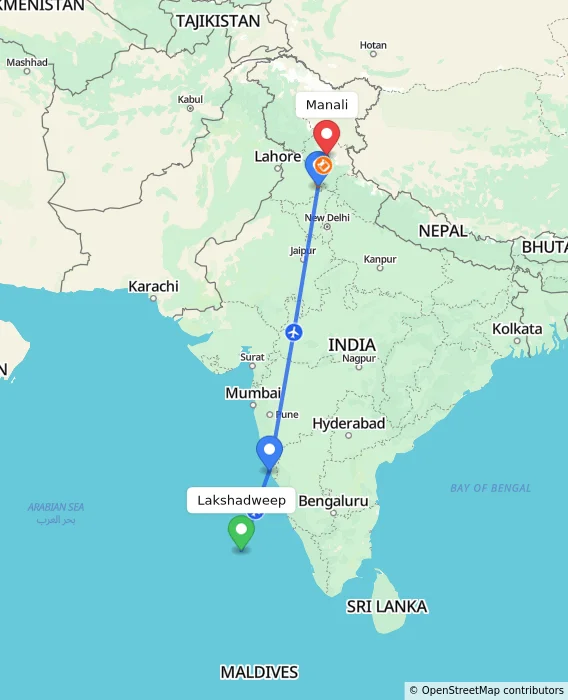 Route map showing distance and travel time from Lakshadweep, India to Manali, India