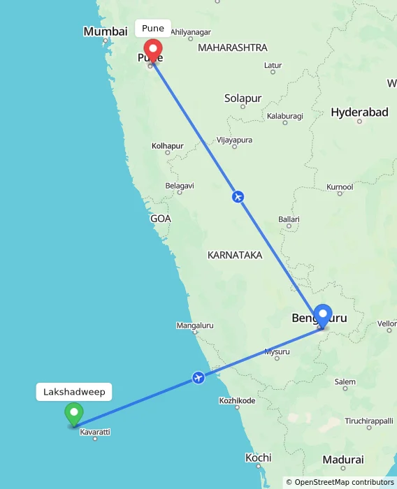 Route map showing distance and travel time from Lakshadweep, India to Pune, India
