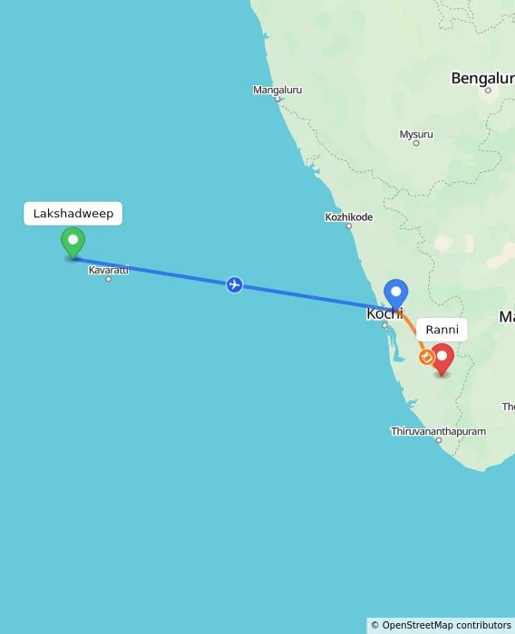 Route map showing distance and travel time from Lakshadweep, India to Ranni, India