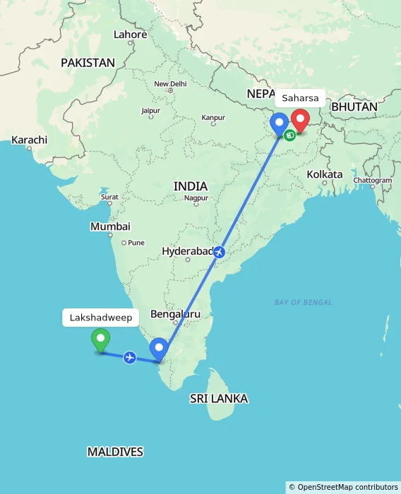 Route map showing distance and travel time from Lakshadweep, India to Saharsa, India