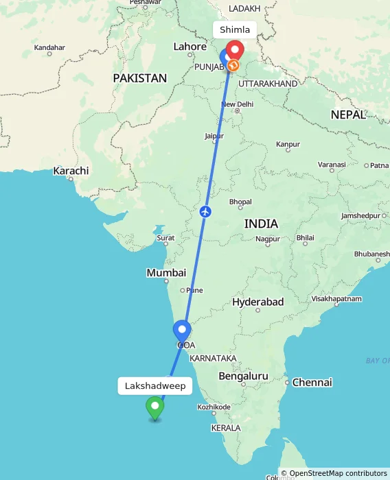 Route map showing distance and travel time from Lakshadweep, India to Shimla, India