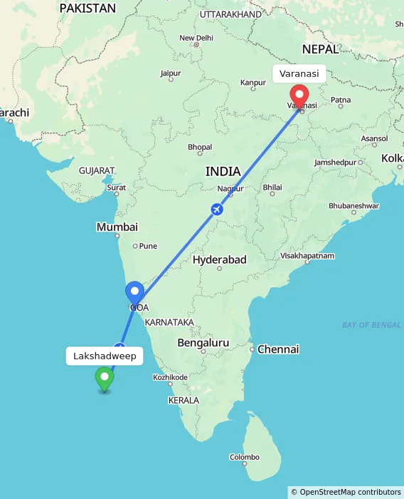 Route map showing distance and travel time from Lakshadweep, India to Varanasi, India