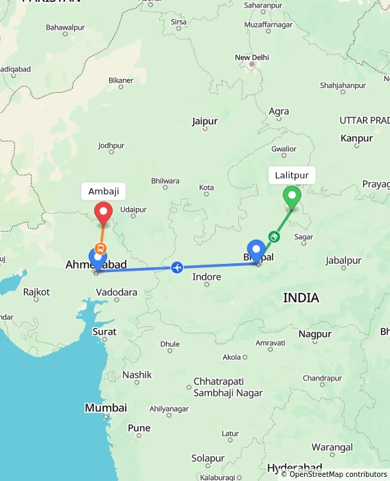 Route map showing distance and travel time from Lalitpur, India to Ambaji, India