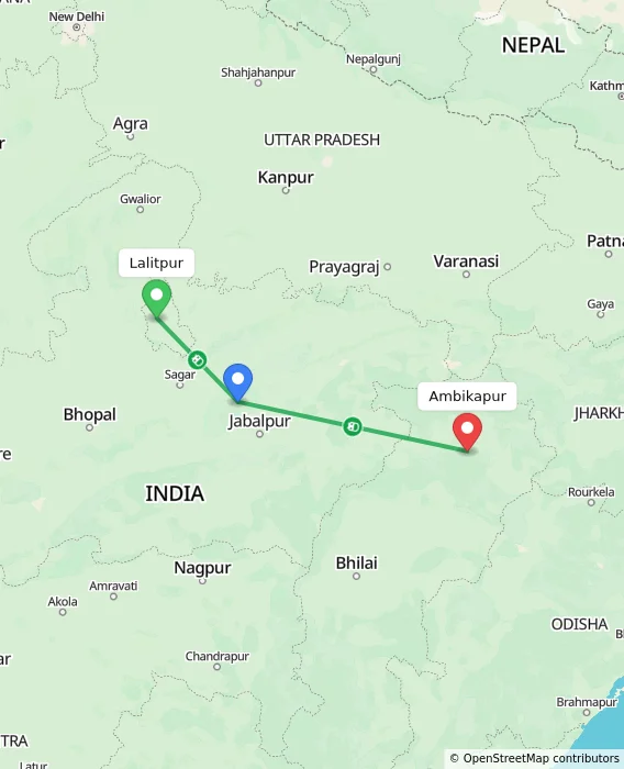 Route map showing distance and travel time from Lalitpur, India to Ambikapur, India