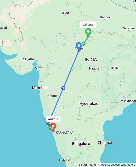 Route map showing distance and travel time from Lalitpur, India to Ankola, India