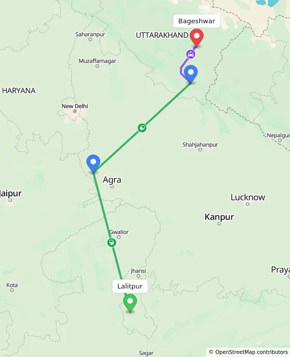Route map showing distance and travel time from Lalitpur, India to Bageshwar, India