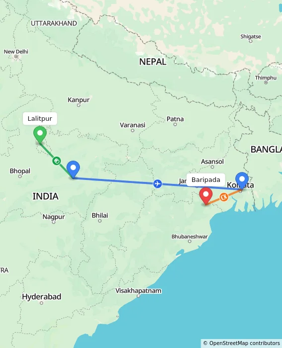 Route map showing distance and travel time from Lalitpur, India to Baripada, India