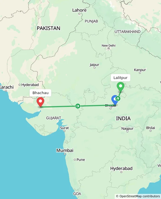 Route map showing distance and travel time from Lalitpur, India to Bhachau, India