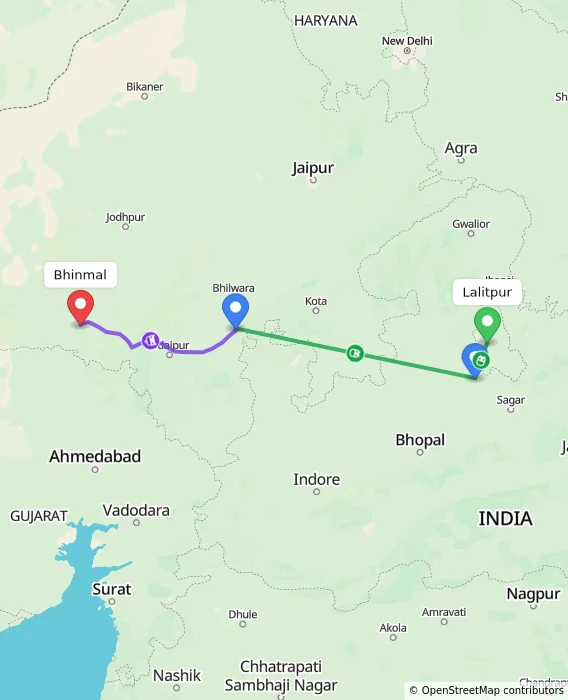 Route map showing distance and travel time from Lalitpur, India to Bhinmal, India