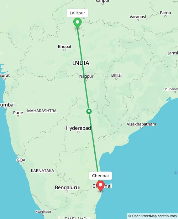 Route map showing distance and travel time from Lalitpur, India to Chennai, India