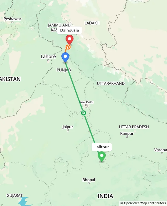 Route map showing distance and travel time from Lalitpur, India to Dalhousie, India
