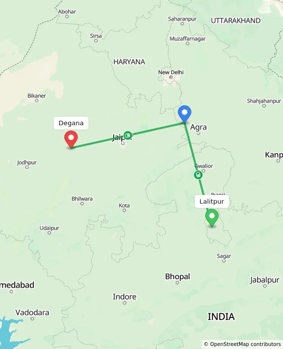 Route map showing distance and travel time from Lalitpur, India to Degana, India