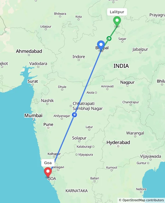 Route map showing distance and travel time from Lalitpur, India to Goa, India
